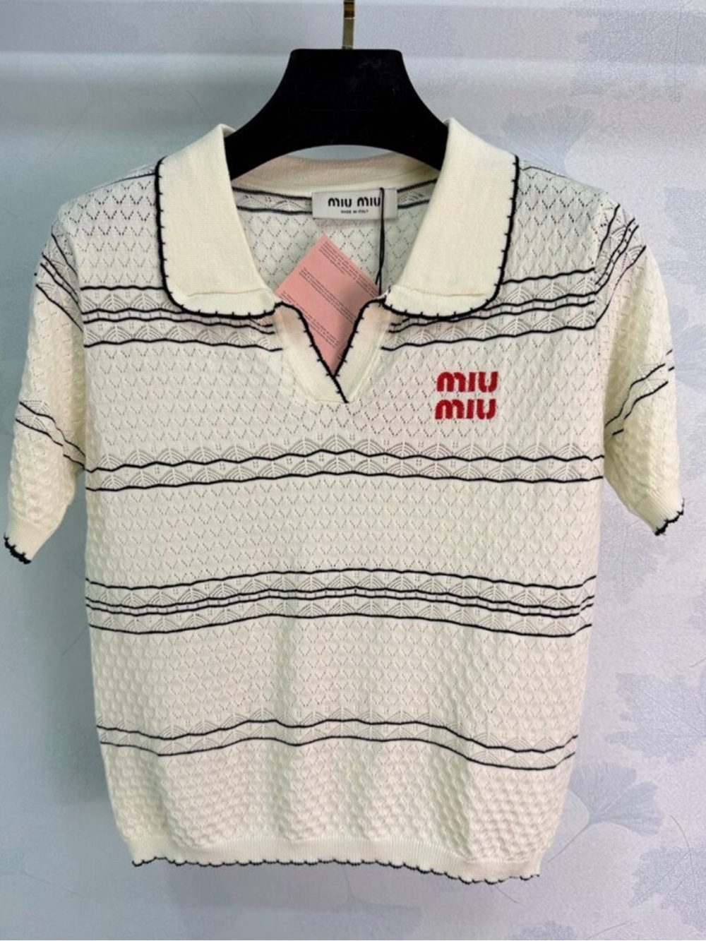 Miu Miu Cream Short Sleeve Knit Polo with Black Trim and Red Logo - Picture 2 of 6